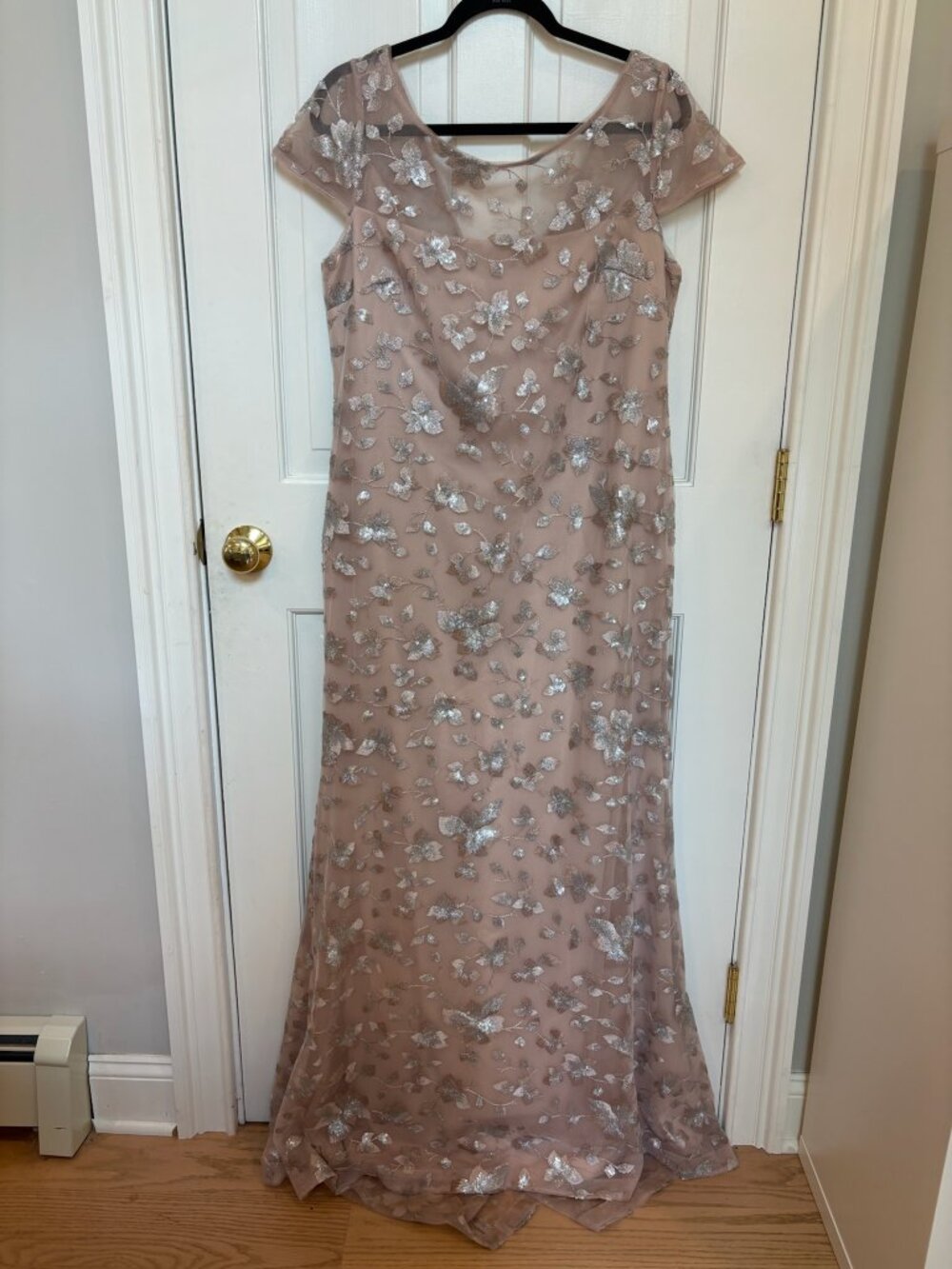 Calvin Klein Sequin Floral Embroidered Mesh Cap-Sleeve Evening Gown